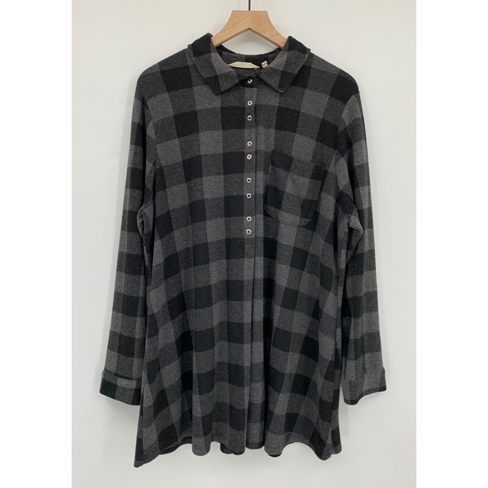 Soft Surroundings Shirt Womens 1X Gray Black Buffalo Plaid Roll Tab Tunic Soft